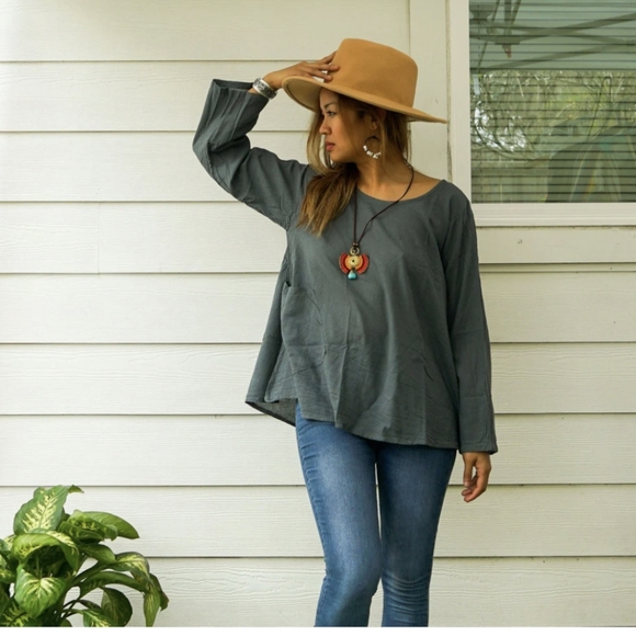 COTTON GINNY* organic cotton v neck peasant sleeve boho hippy chic tunic blouse - Picture 14 of 17